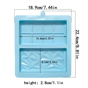 Detailed dimensions of blue silicone chocolate mold with geometric and square bar designs