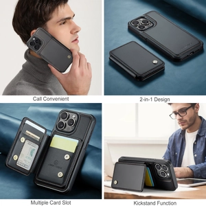 Detail view of black leather wallet case for Samsung with card slots and kickstand function