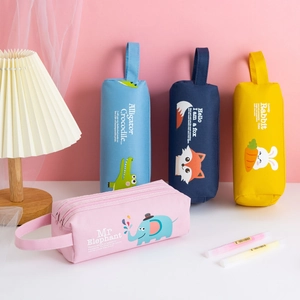 Large capacity canvas pencil pouch with cute animal designs and handheld strap