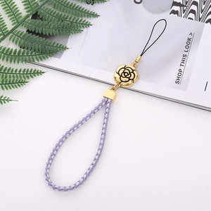 Purple braided cord phone charm with golden rose metal pendant and lobster clasp