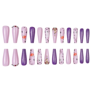 Halloween long coffin press-on nails featuring pumpkin, ghost and glitter purple designs