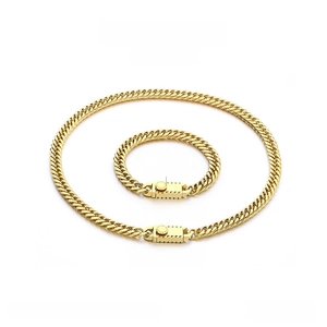 Polished gold stainless steel curb chain necklace and bracelet set with size details