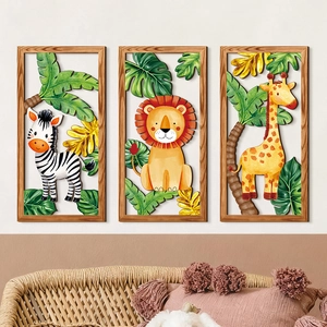Décoration Murale En Bois Animaux De La Jungle Zèbre Lion Girafe Art De Chambre D'Enfant Plaques Abstraites