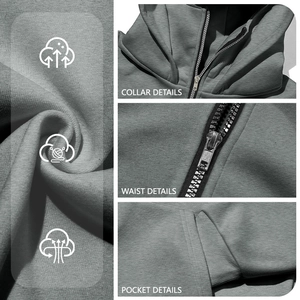 Dark grey double-layer zip-up hoodie featuring detailed collar, waist and pocket design