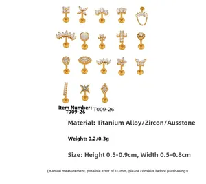 Collection of 18 golden titanium alloy piercing studs with opal and zircon in various shapes