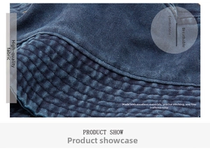 Close-up of deep blue washed denim bucket hat with durable reinforced parallel stitching