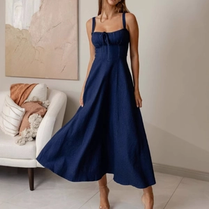 Denim Cami Dress Women Dark Blue Sleeveless Backless Spaghetti Strap A-Line Big Hem Midi Streetwear Sexy