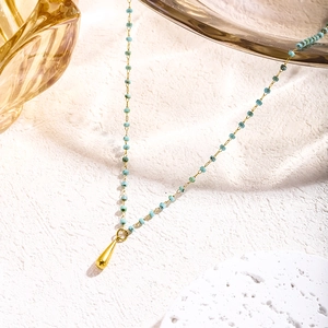 Elegant 18K gold plated teardrop necklace with turquoise beads and fine chain link