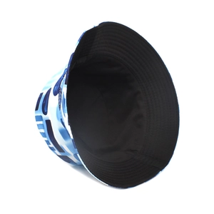 Detail of blue and white tie-dye bucket hat with contrast black inner lining