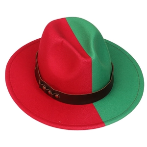 Detail of wool fedora hat with red and green gradient and leather band with gold studs
