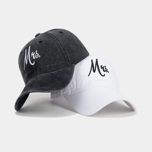 Mr & Mrs embroidered cotton baseball caps set in washed black and white colors