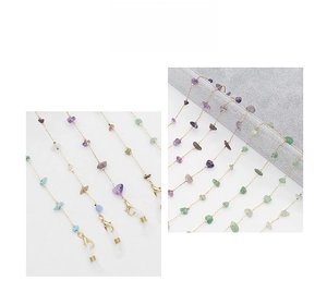 Detail showing colorful natural stone eyeglass chain with golden lobster clasps