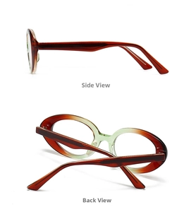 Detail view of oval cat-eye sunglasses with gradient brown and translucent green frame