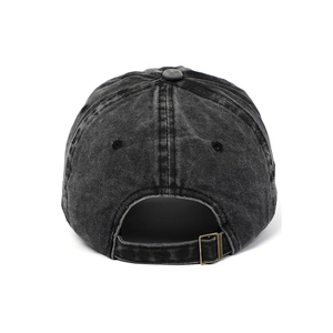 Rear view of washed black cotton baseball cap featuring adjustable bronze metal buckle