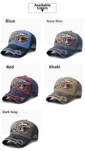 Matrix display of vintage washed cotton baseball caps with unique shark embroidery detail