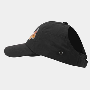 Black ponytail baseball cap with orange butterfly and quick-dry breathable fabric