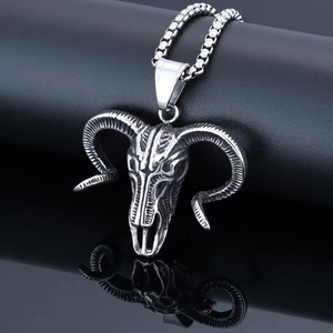 Viking sheep head skull necklace in antique silver finish with stainless steel chain