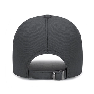 Rear view of dark grey quick-dry baseball cap with metal buckle and mountain leather patch