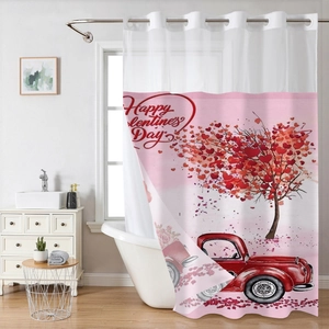 Detail view of pink Valentine's Day waffle curtain with heart tree and truck print