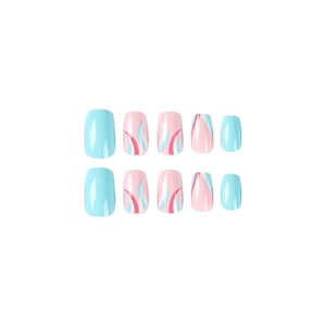 Blue and pink press on nails with abstract swirl patterns in short square shape