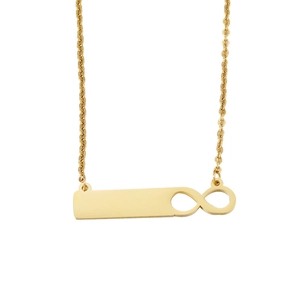 Macro detail of gold-plated stainless steel bar necklace with infinity symbol pendant