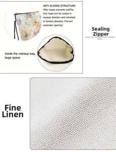 Detail of linen floral makeup bag showing smooth alloy zipper and large inner space