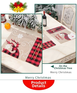 Detail of Christmas placemats featuring Santa and reindeer designs on rustic linen fabric