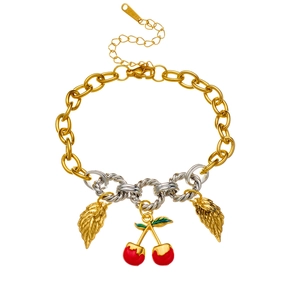 Gold plated stainless steel bracelet with cherry and leaf charms on mixed chain links