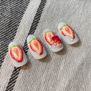 Self-adhesive embossed nail art stickers with realistic 3D strawberry patterns and water drops