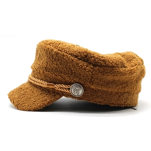 Caramel faux shearling baker boy hat with braided rope trim and vintage button