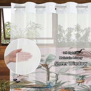 Tropical sheer shower curtain with palm and peacock print and silver grommets