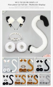 Detailed 5-piece plush cat ear headband and faux fur tail cosplay set with bells