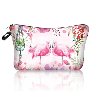Close-up of flamingo print cosmetic bag with black zipper and tropical floral pattern