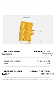 Detail view of gold stainless steel LUCKY ring with rectangular face and dimensions
