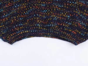 Macro detail of multicolored rib-knit collar and textured mixed yarn fibers on sweater