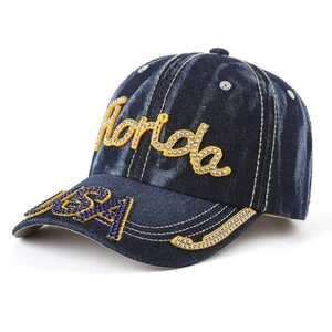Vintage wash denim baseball cap with Florida USA rhinestone letter patches and blue studs