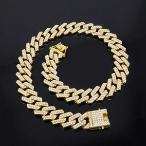 14mm gold-plated cuban link chain necklace with iced out rhinestones on black background