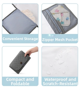 Detail of portable baby changing mat showing waterproof quilted fabric and storage mesh pocket