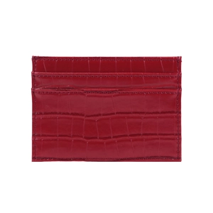 Close-up of dark red slim card holder featuring crocodile leather texture and fine stitching