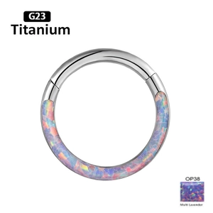 Macro shot of G23 titanium hinged ring featuring multi-lavender opal inlay OP38