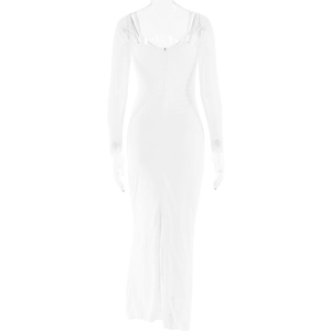 Detailed view of white long sleeve maxi dress featuring slim fit and delicate straps