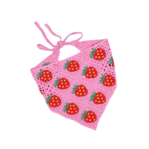Pink handmade crochet floral bandana with red strawberry patterns and tie-up closure