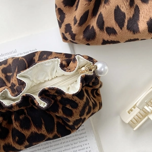 Leopard print velvet drawstring makeup bag with premium pearl fastener detail