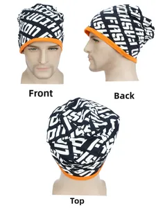 Three-view layout of knitted beanie with letter print and orange contrast folded brim