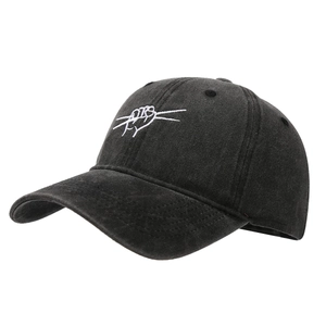 Vintage washed black cotton baseball cap with hip-hop style embroidery 45-degree view