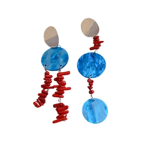 Ethnic style silver needle asymmetric drop earrings with blue resin and red stones