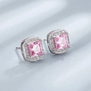 Elegant sterling silver square pink zircon halo stud earrings for women with crystal inlay