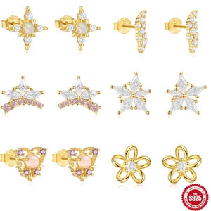 925 Sterling Silver Star Heart Stud Earrings For Women With Zirconia Opal Gold Plated Small Dainty Luxury Fashion Jewelry
