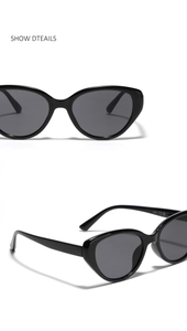 Detail of black cat eye sunglasses model 23017 showing CE and UKCA quality certifications
