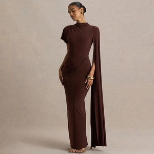 Elegant dark brown evening gown with asymmetrical pleated sleeve and slim fit design
